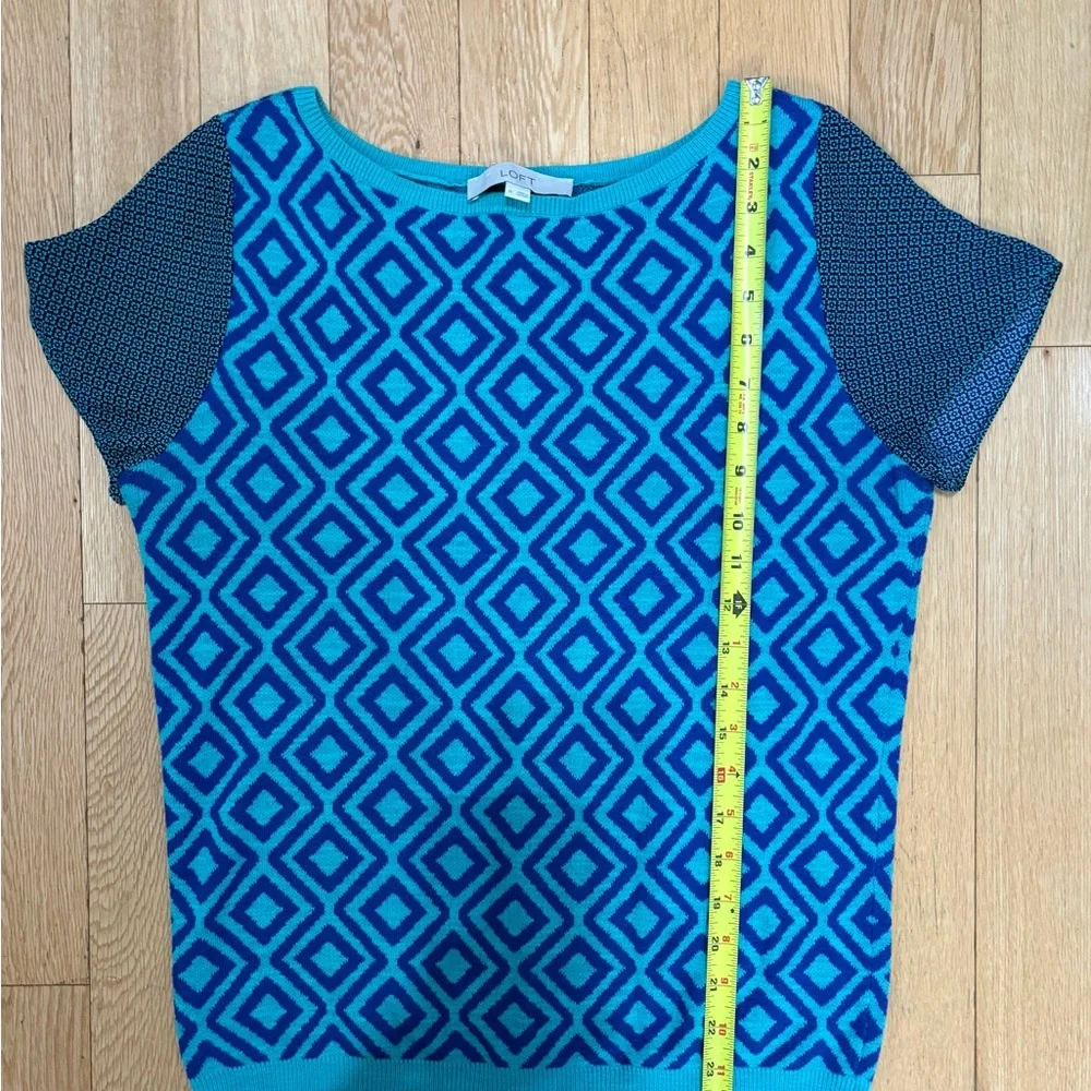 Loft Teal Geometric Mod Knit Short Sleeve Sweater Size M
